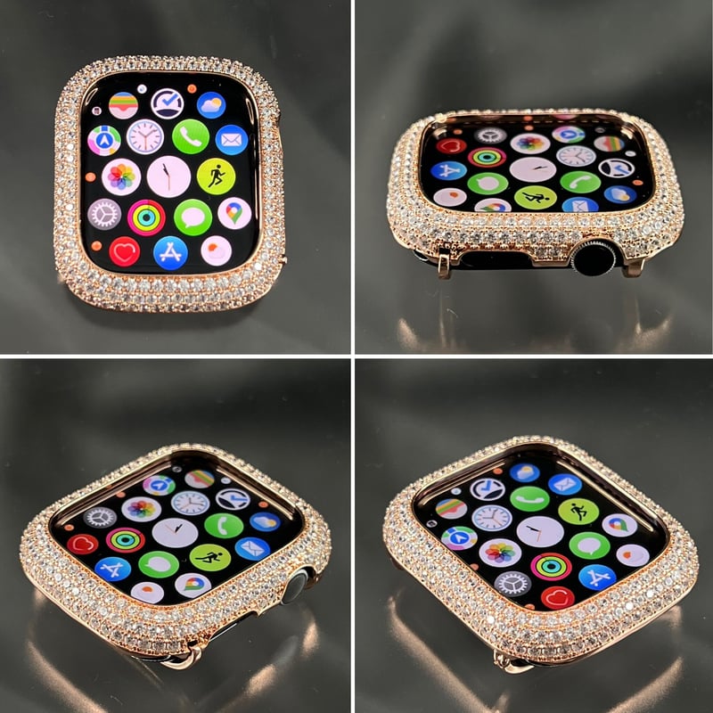 アップルウォッチ　ローズczダイヤモンドベゼル/グロスブルーディープベルト Apple Watch - アップルウォッチ ローズczダイヤモンドベゼル
