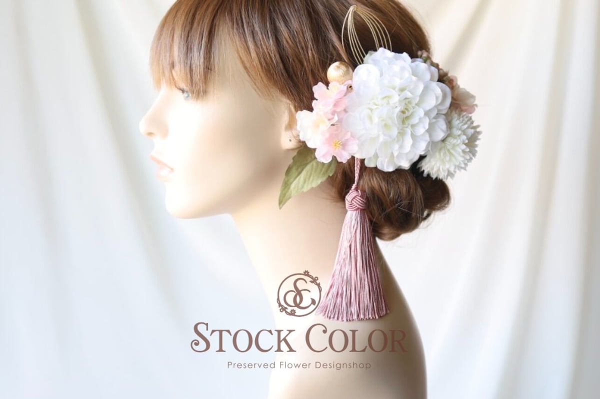 ダリアと八重桜のヘッドドレス ヘアアクセサリー(ホワイト)＊ウェディング 結婚式 白無垢 成人式 前撮り 髪飾り