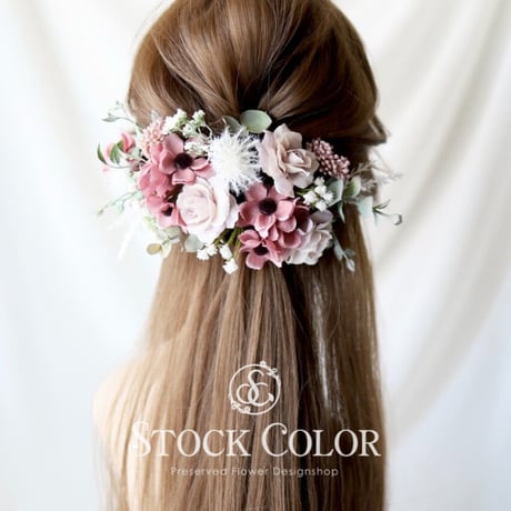 フリルアネモネとローズのヘッドドレス/ヘアアクセサリー(モーヴピンク)＊髪飾り 結婚式 成人式 ウェディングドレス 白無垢 前撮り