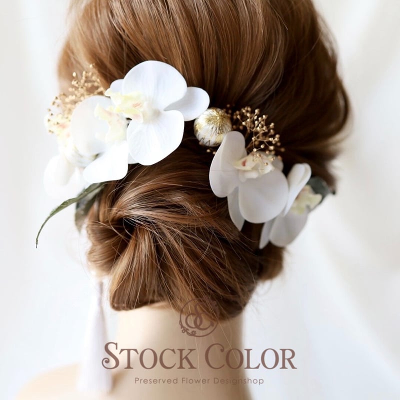 ミニ胡蝶蘭とかすみ草のヘッドドレス ヘアアクセサリー 髪飾り 