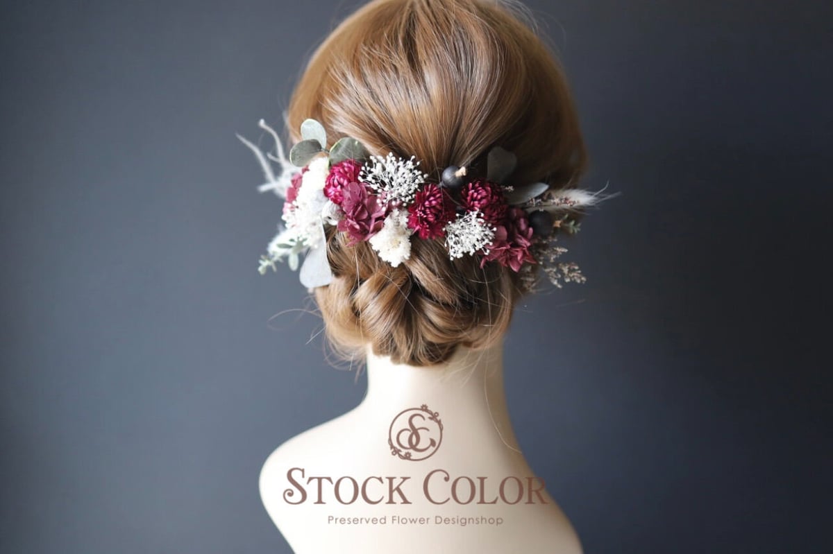 プルメリアとグリン紫陽花のヘッドドレス　リゾートウェディング　髪飾り　成人式　結