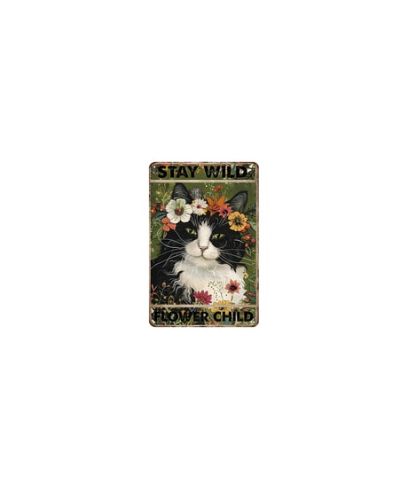 猫 ブリキ看板 花柄 黒白猫 STAY WILD レトロ 壁飾り インテリア