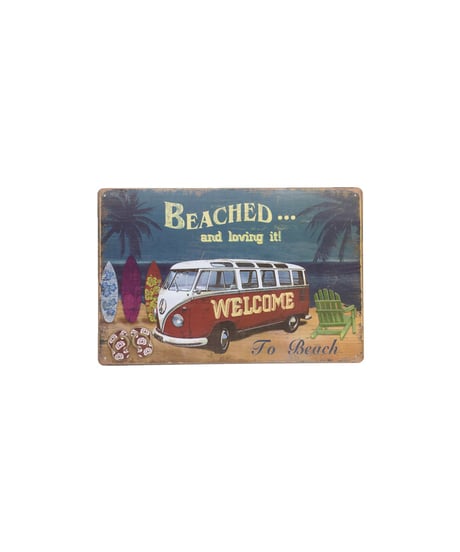 ブリキ看板 BEACHED ワーゲンバス ビーチ WELCOME サーフィン 海 壁飾り