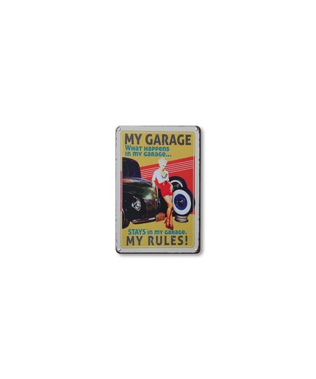 ブリキ看板 MY GARAGE MY RULES ピンナップ ガレージ アメ車 ジョーク 壁飾り