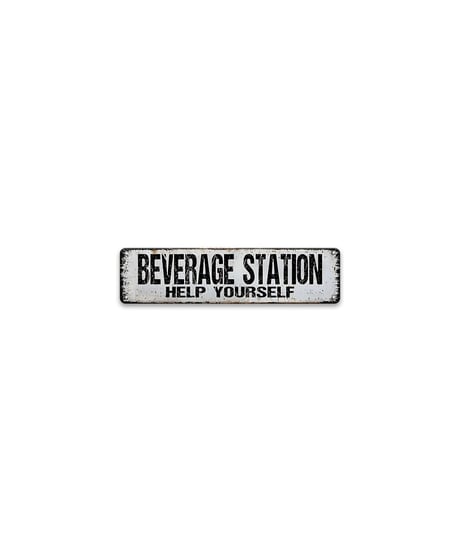 ブリキ看板 BEVERAGE STATION HELP YOURSELF ドリンク セルフサービス カフェ パーティー 細長 壁飾り