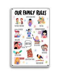 ブリキ看板 OUR FAMILY RULES 家族のルール 子供部屋 教育 しつけ サイン イラスト かわいい 英字 ヴィンテージ インテリア 壁飾り おしゃれ
