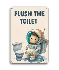 ブリキ看板 FLUSH THE TOILET 宇宙飛行士 アストロノーツ かわいい 子供部屋 トイレ 洗面所 サイン イラスト 英字 ヴィンテージ インテリア 壁飾り おしゃれ