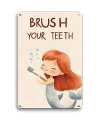 ブリキ看板 BRUSH YOUR TEETH 人魚 マーメイド 歯磨き かわいい 子供部屋 洗面所 トイレ サイン イラスト 英字 ヴィンテージ インテリア 壁飾り おしゃれ