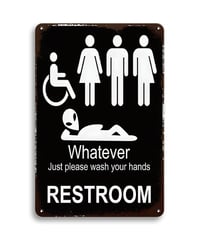 ブリキ看板 RESTROOM Whatever Just please wash your hands トイレ サイン ユーモア エイリアン レトロ ヴィンテージ インテリア 壁飾り おしゃれ