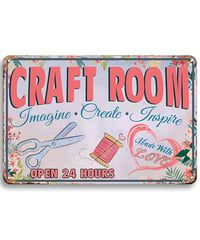 ブリキ看板 CRAFT ROOM Imagine Create Inspire クラフト ハンドメイド 手芸 ソーイング アトリエ ヴィンテージ 花柄 インテリア 壁飾り おしゃれ