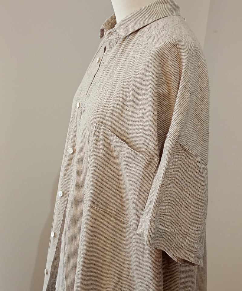 タマキニイメ オープンカラー ストライプ シャツ ワンピース ホワイト