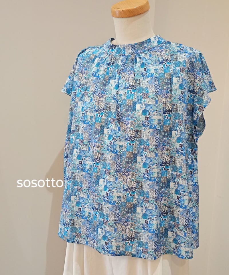 新品 ポンデシャロン sosotto リバティスタンドカラー フレンチブラウス sosotto／LIBERTYタナローンスタンドカラーフレンチブラウス