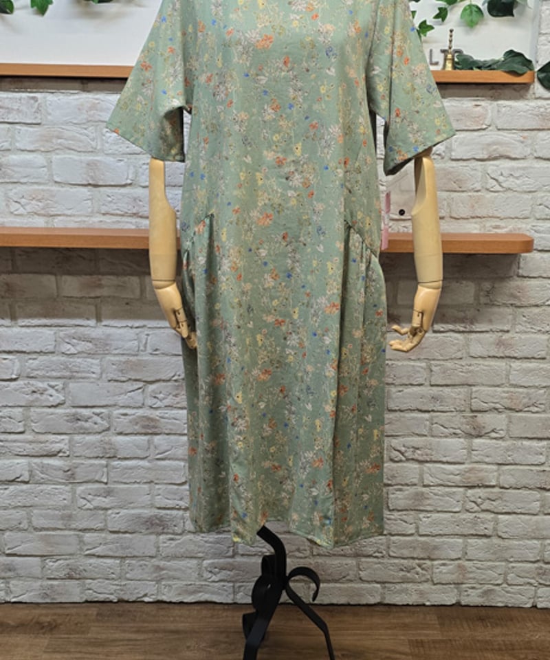 綿麻フラワー柄ワンピース 【日本生地・日本縫製】品番：7252215 