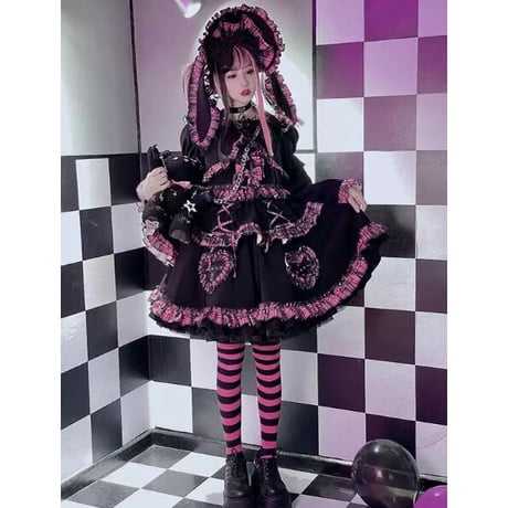 黒ピンクのゴスロリチェックワンピースセット
