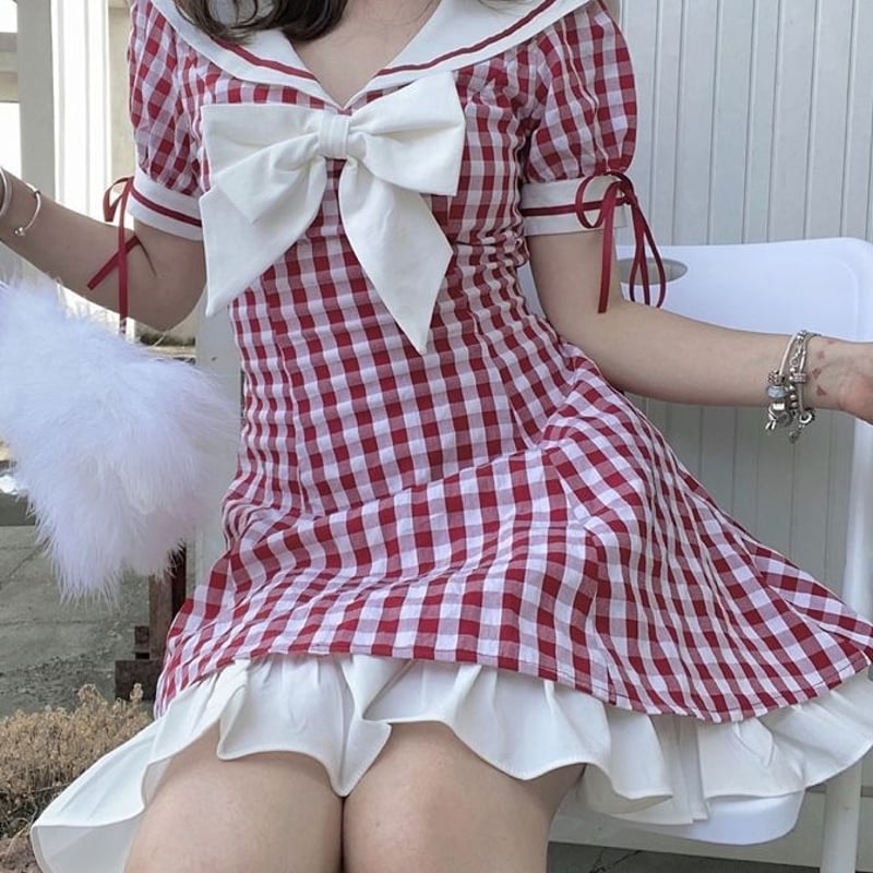 大きいりぼんのギンガム赤チェックワンピース | Fancy ☆World