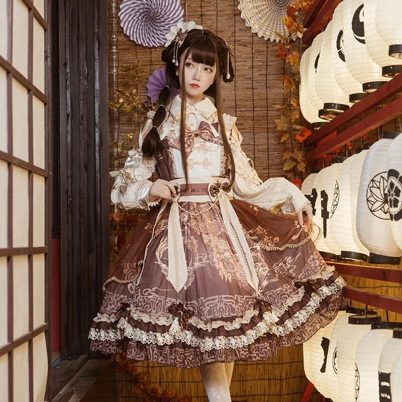 Sakya Lolita 春の空に桜柄と猫の夢 紺色 FULLSET - ひざ丈ワンピース