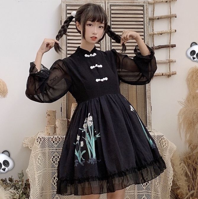 美品 大人気 完売【ふりふ 花天井チャイナ風 猫ワンピース】和柄 中華 Aライン ワンピース チャイナドレス風 ハロウィン[品番：JSFW0013889