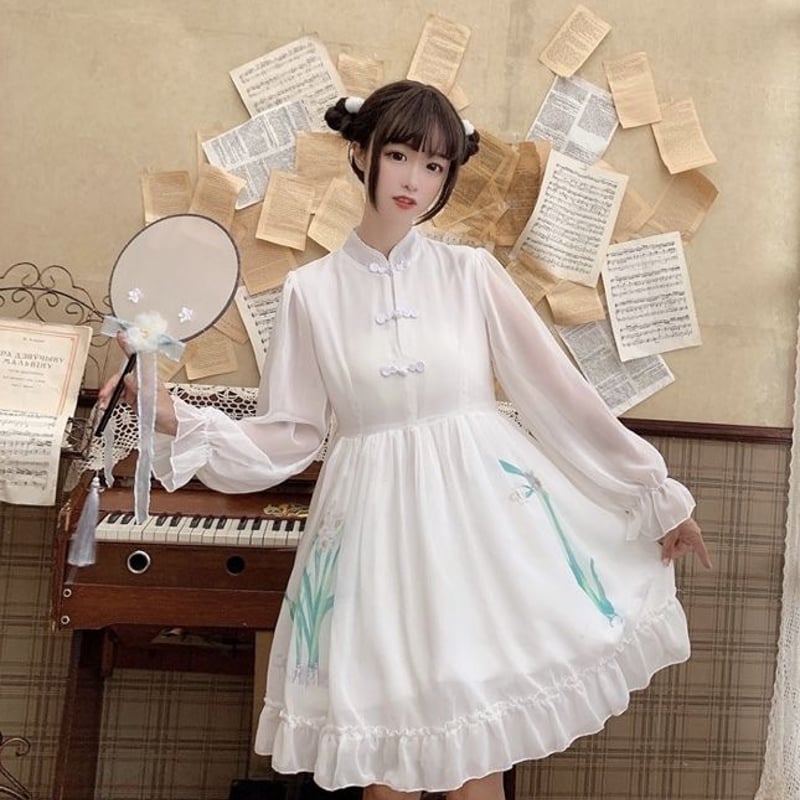 美品 大人気 完売【ふりふ 花天井チャイナ風 猫ワンピース】和柄 中華 Aライン 中華風 ロリータ チャイナドレス ワンピース Aライン