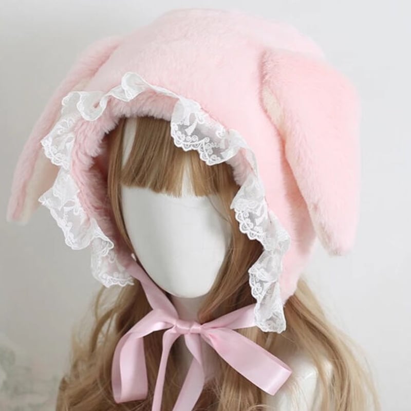 海外ロリィタ　うさぎ ピンク ベレー帽 たれ耳うさぎのふわふわ帽子 | Fancy ☆World