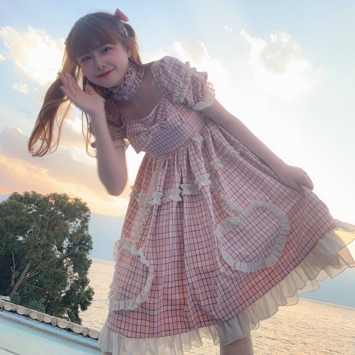 リボン付き赤いチェック柄ワンピース プリメロ♡リボンチョーカー付き赤チェックワンピース※美品