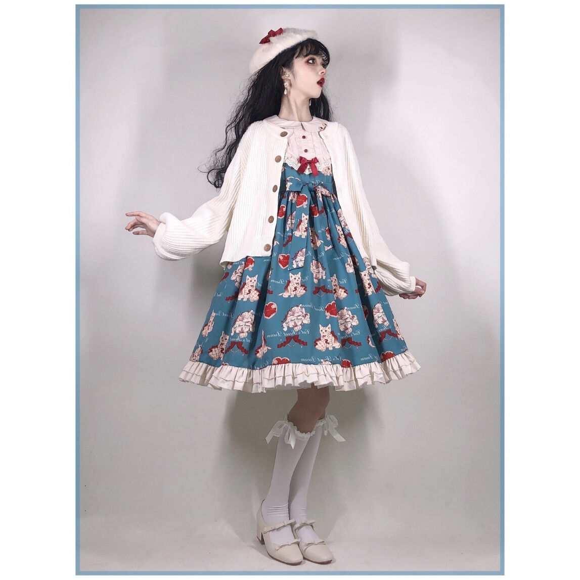 ラグドールネコ猫柄　白青黒色長袖ワンピース ロリータ ゆめかわ　ヴィンテージ ラグドールネコ猫柄 白青黒色長袖ワンピース ロリータ ゆめかわ