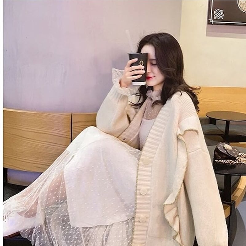 アンティークフリル付きオフホワイトニットカーディガン ケーブル編カーディガン | カーディガン | NOELA OFFICIAL WEB STORE