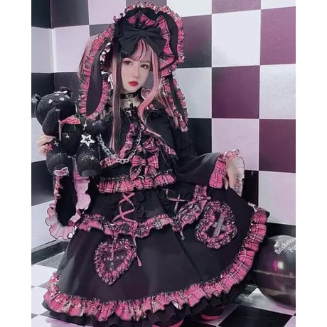 黒ピンクのゴスロリチェックワンピースセット