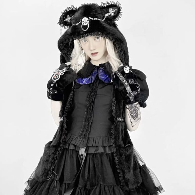 フリルネコ帽子＋手袋セット 地雷風ふわふわ黒猫手袋付き帽子 | Fancy ☆World