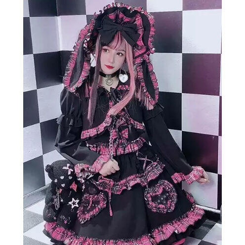 黒ピンクのゴスロリチェックワンピースセット | Fancy ☆World