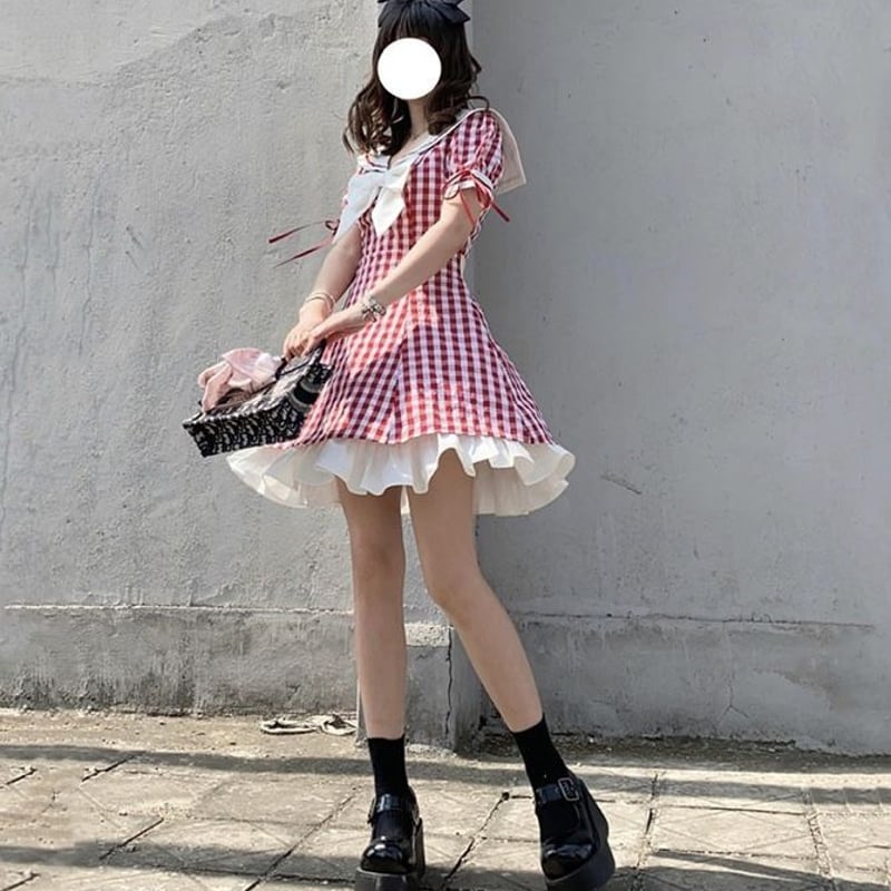 大きいりぼんのギンガム赤チェックワンピース | Fancy ☆World