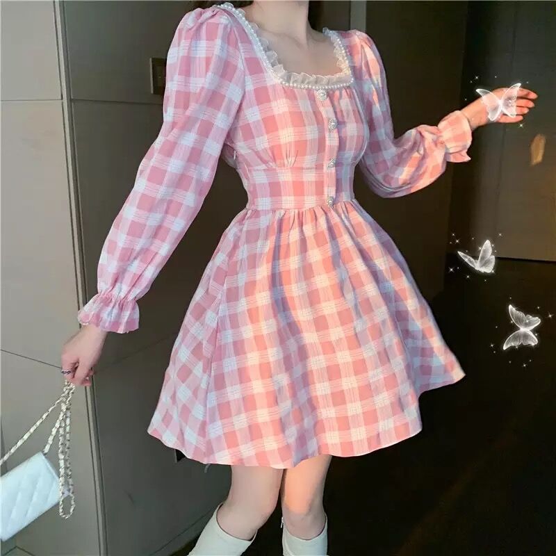 ファッション ギンガム チェック ピンクのワンピース オンライン先行