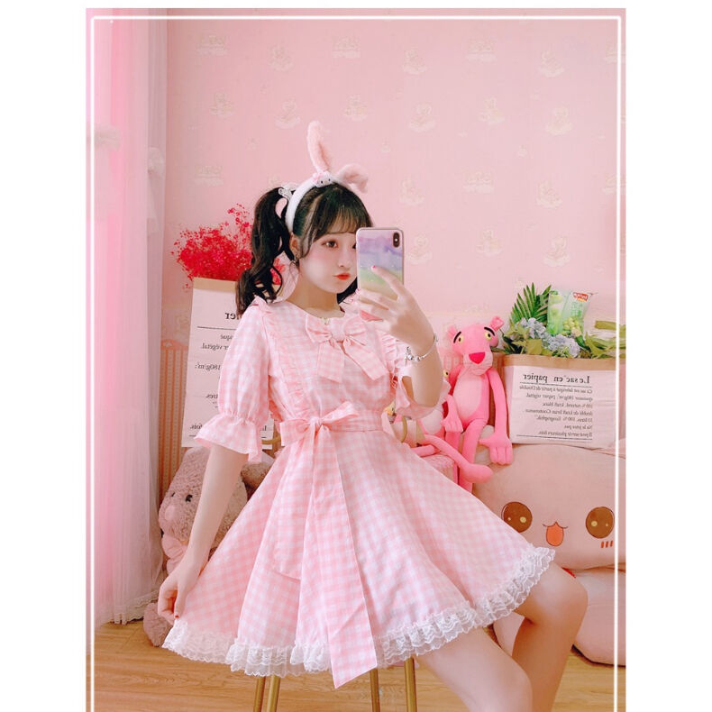 ルルゲッタ　シュシュギンガムワンピース　ピンク　ガーリー　ロリィタ　チェック ギンガムチェック配色ワンピース[品番：RJTW0001092]｜ROJITA