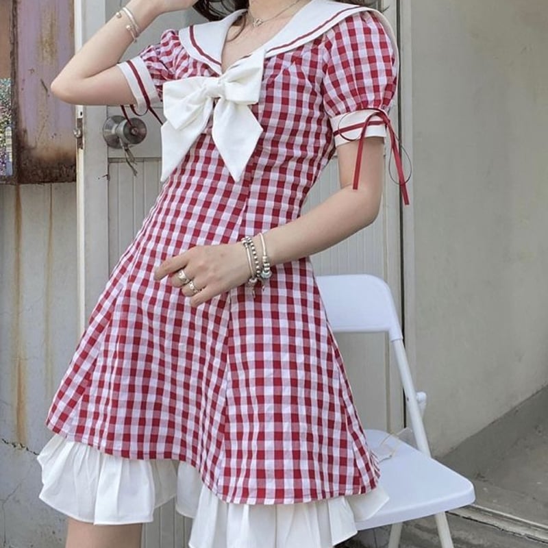 大きいりぼんのギンガム赤チェックワンピース | Fancy ☆World