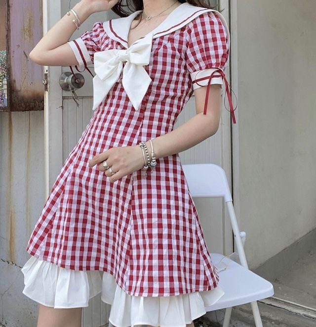 大きいりぼんのギンガム赤チェックワンピース | Fancy ☆World