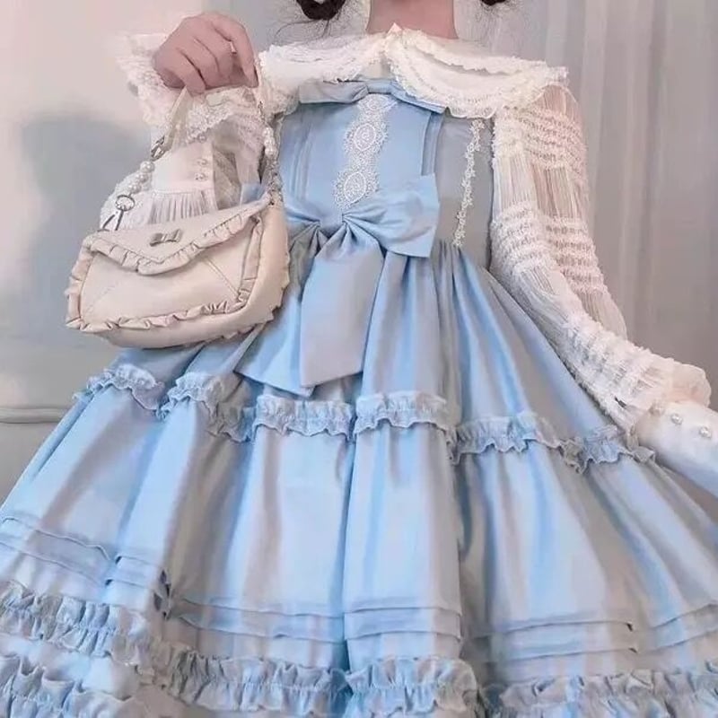 ヴィンテージ★水色★ワンピース★フリル★バルーンスリーブ レース たっぷりフリルのヴィンテージワンピース | Fancy ☆World