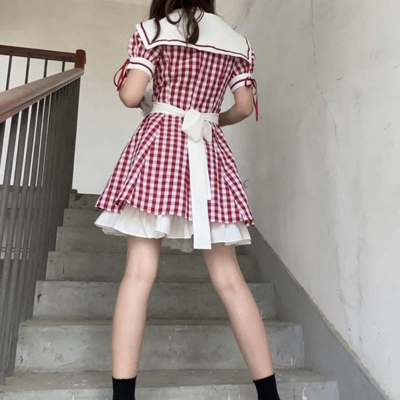 大きいりぼんのギンガム赤チェックワンピース | Fancy ☆World