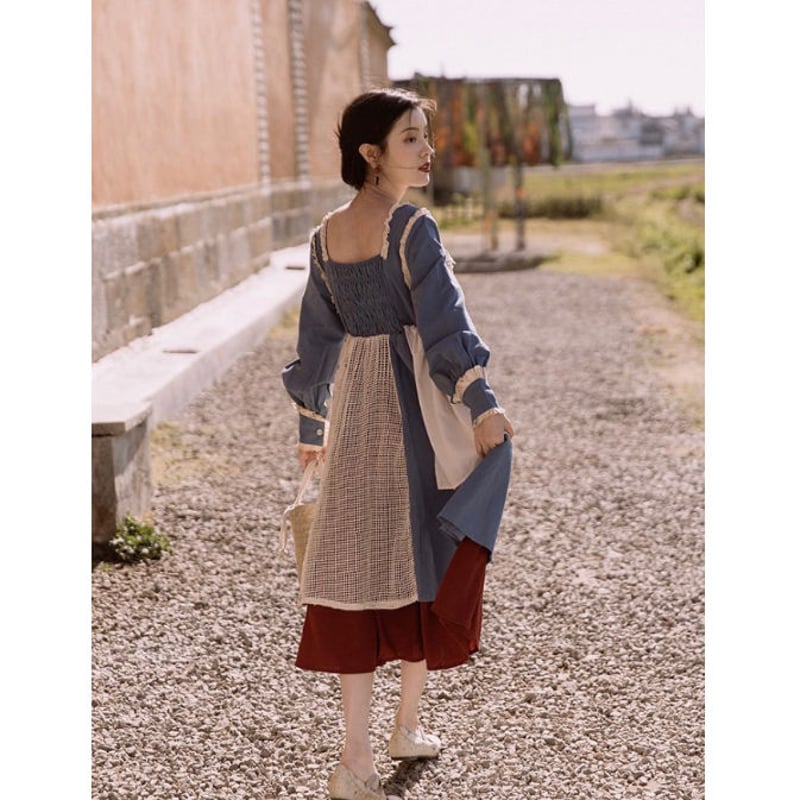 vintage★70s ガニー風ハイウエストパッチワークワンピース　USA チェリープリントパッチワーク風ワンピース｜ピンクハウス