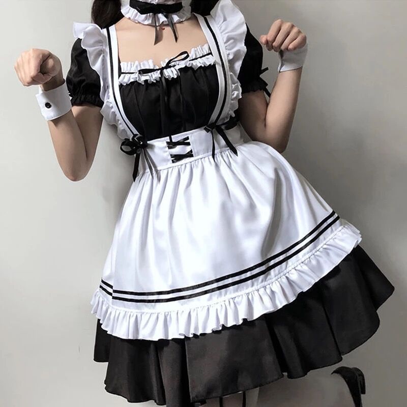 ひげと猫猫使節団メイド服、黒Mリボンタイミディアム丈クラシカルワンピース 黒猫ちゃんのメイド風ワンピース | Fancy ☆World