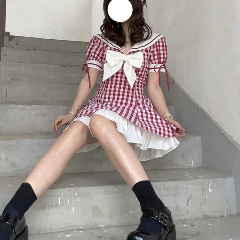 大きいりぼんのギンガム赤チェックワンピース | Fancy ☆World