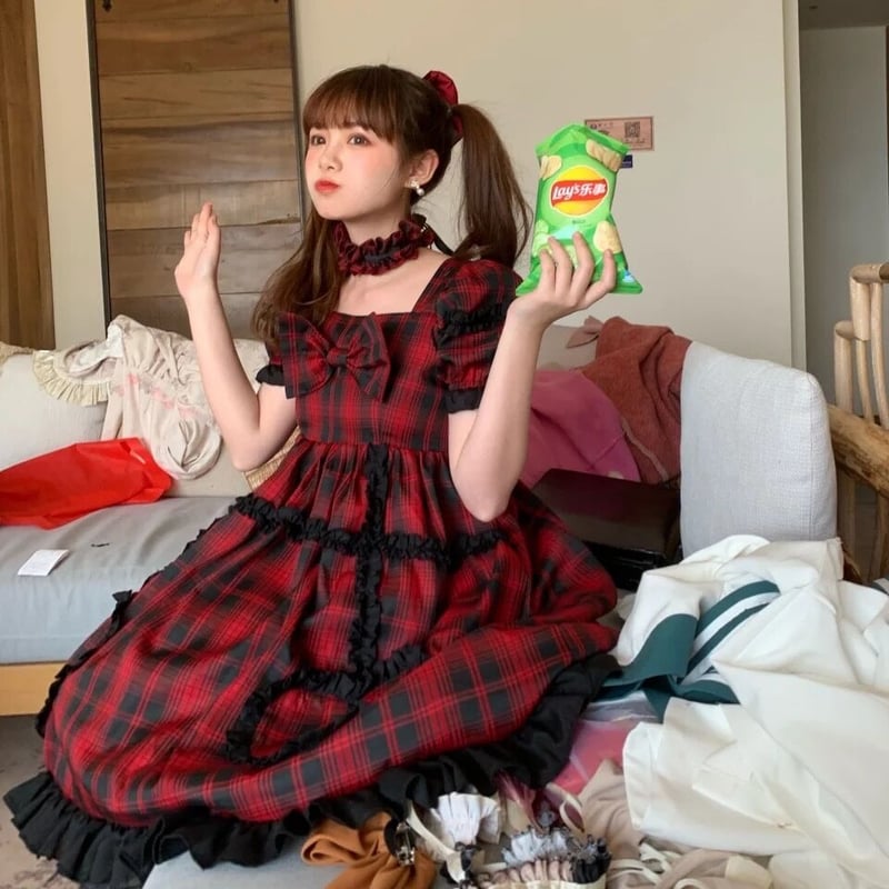 TRALALA トゥララ　チェック柄　リボン　ミニワンピース　赤チェック　 平成 希少 TRALALA トゥララ 赤 チェック リボン ミニワンピース