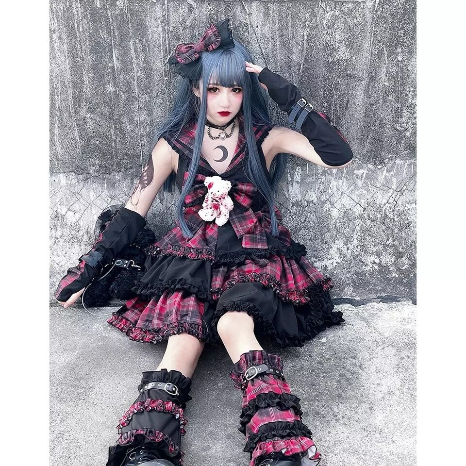 赤チェックのゴシックロリータワンピースセット | Fancy ☆World