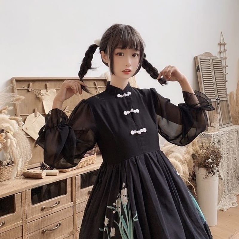 花柄チャイナ風ワンピース（長袖） | Fancy ☆World