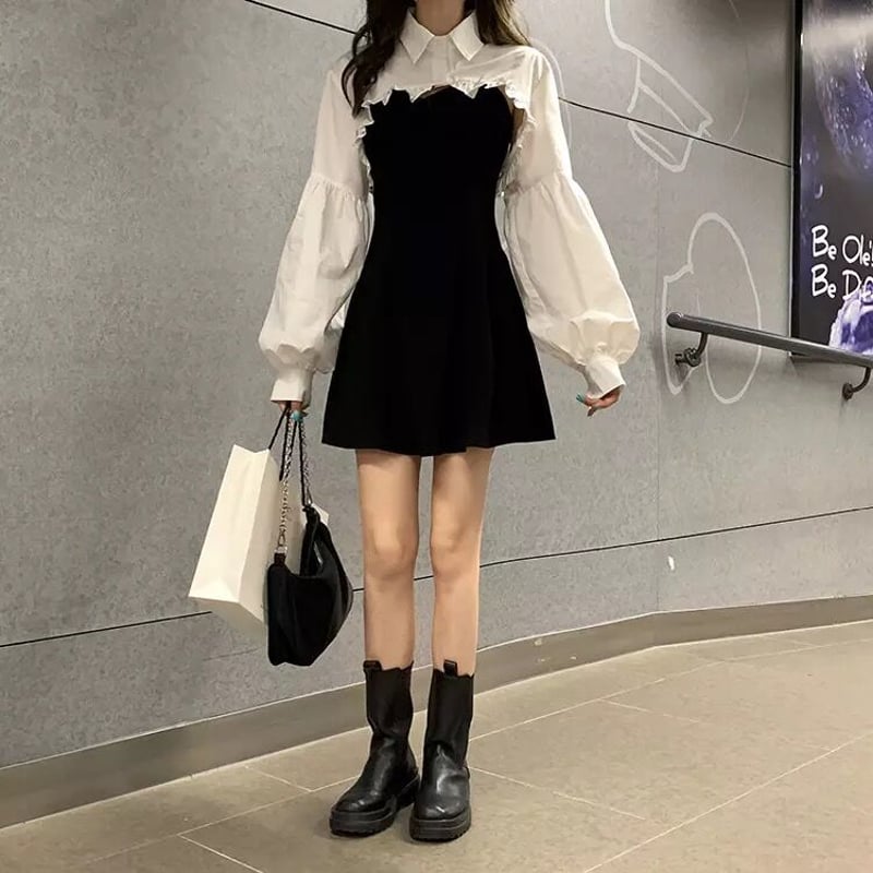 ☘️25秋新作 ♡ Aje アジュ 黒シャツミニワンピース 新品♡　028 セール】シャツレイヤード風ニットミニワンピース（ワンピース