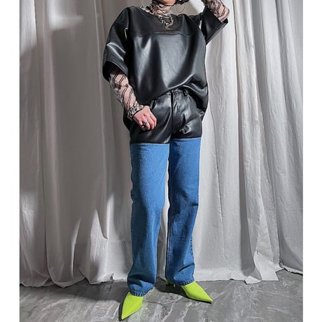 fakeleather×denim pants(black)