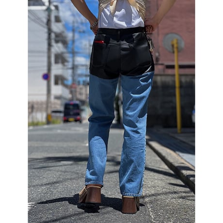 fakeleather×denim pants(black)