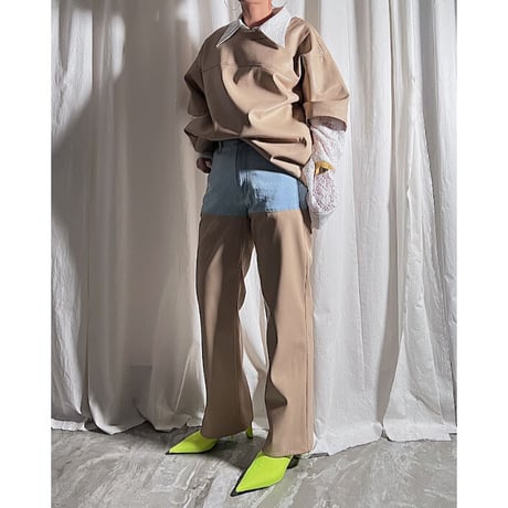 denim×fakeleather pants(beige)
