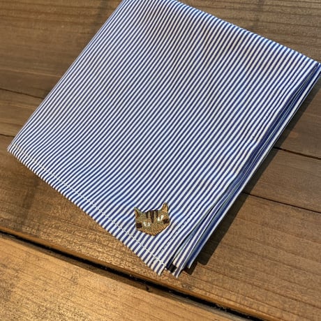 NECOREPA 刺繍ハンカチNo16　ブルーストライプ茶トラ