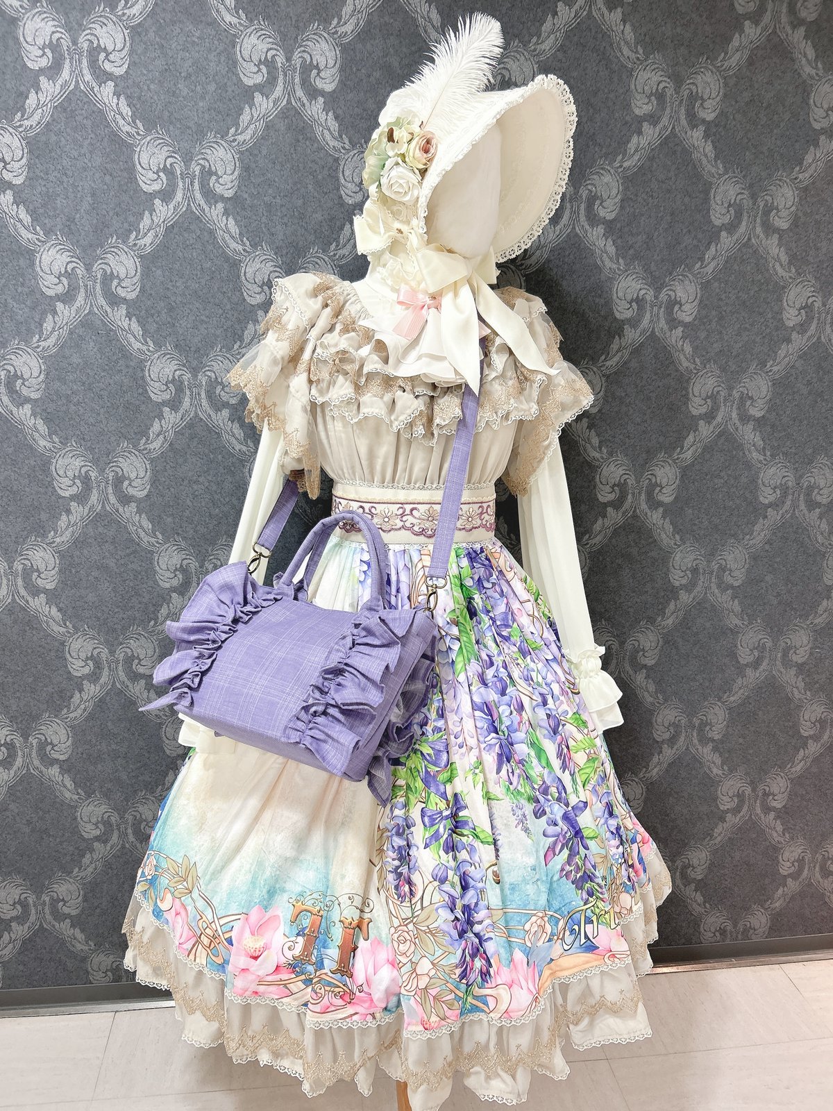 じゅんじゅん様❤️両面パネル巾着2口目❤️ゴスロリ❤️女の子❤️ポメラニアン 尾州ロリィタ／おリボンFRILL BAG（サマーライラック） | chou
