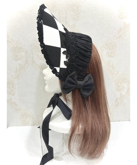 Enchantlic Enchantilly／ダイヤ柄ハーフボンネット（黒×白×黒レース）