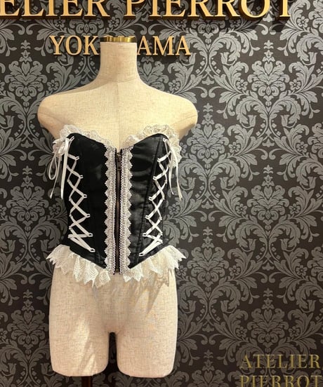 ATELIER-PIERROT／Lace Up Long Corset （シャンタン生地）  ブラック×ホワイト